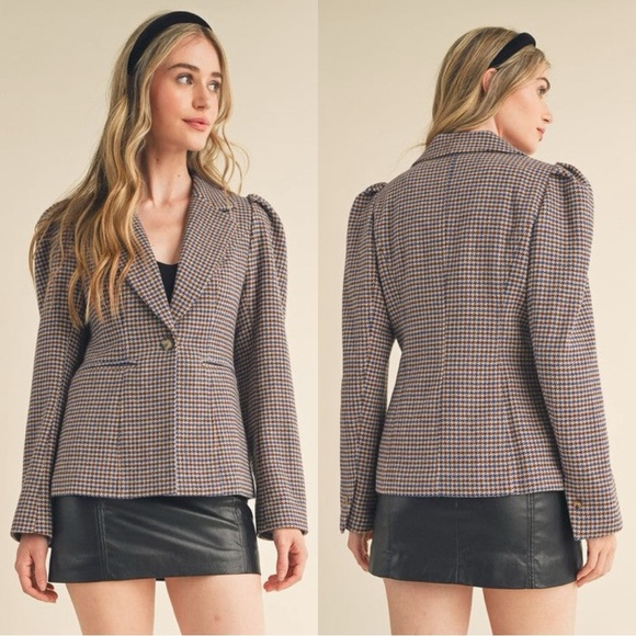 &merci Jackets & Blazers - &merci Women’s Sloan Houndstooth Blazer Puff Sleeve Classic in Brown Size L